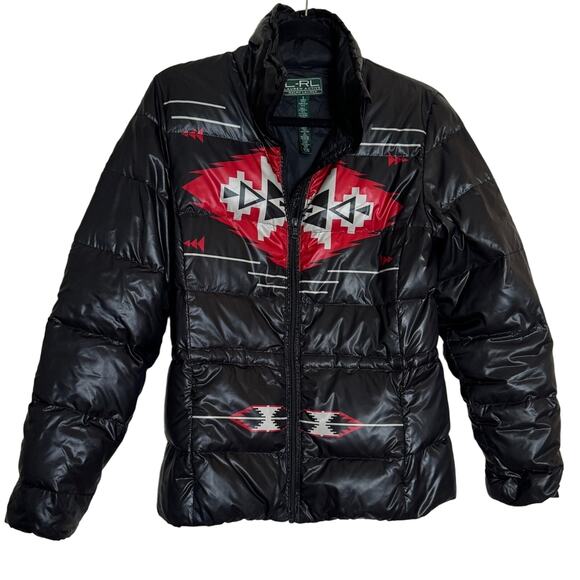 Ralph Lauren Aztec Southwestern Down Puffer Jacket Black Size S - Picture 1 of 4